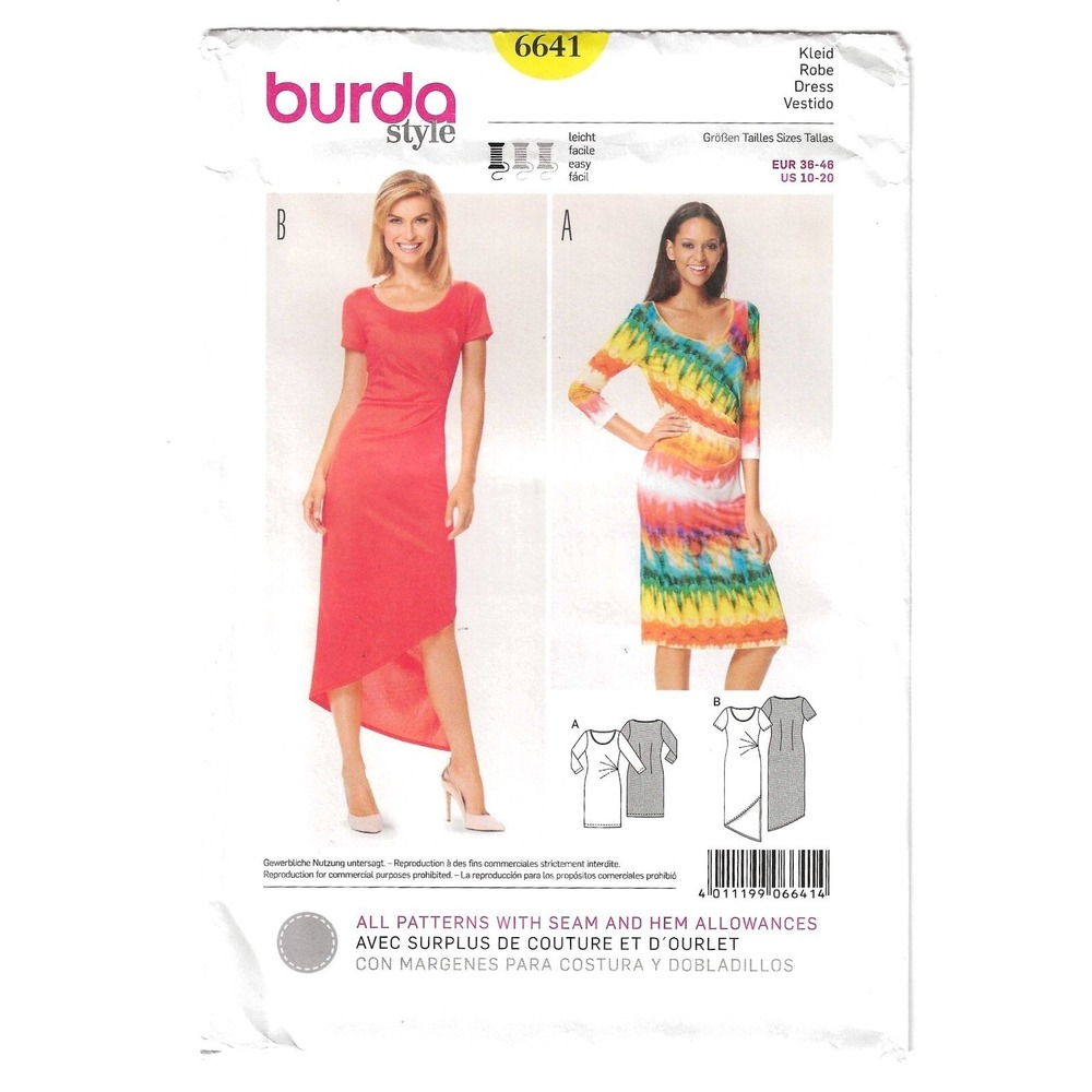 Burda 6641 Misses' Dress Jersey Pleat 2 Lengths Sizes 10-20 Sewing Pattern Uncut